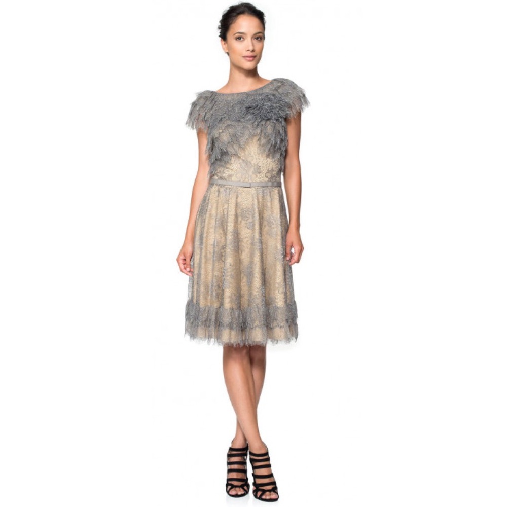 Tadashi Shoji Metallic Lace Tiered Rosette Dress 2 - Picture 1 of 14